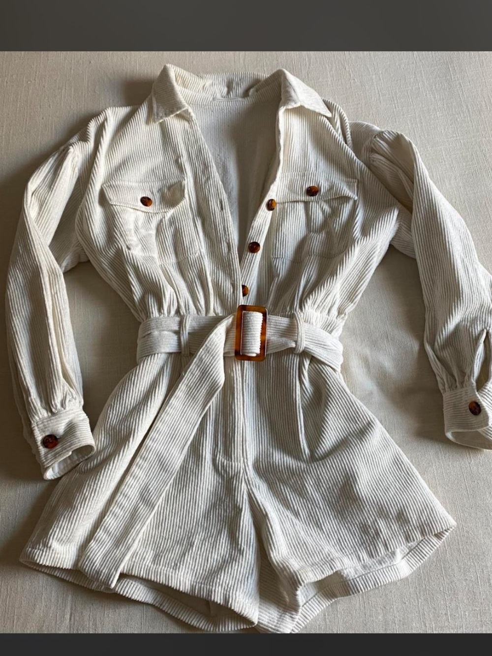 Cream Corduroy Belted Romper